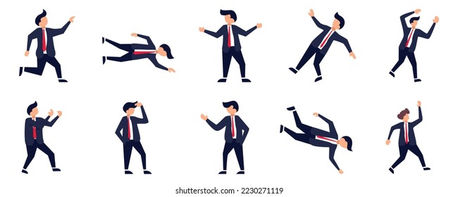 Conjunto de personajes de Businessman o vectores de oficina en varias poses. Caricatura de un joven empleado de negocios personaje de trabajo