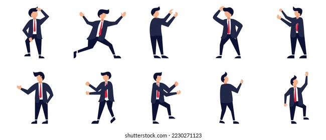 Conjunto de personajes de Businessman o vectores de oficina en varias poses. Caricatura de un joven empleado de negocios personaje de trabajo