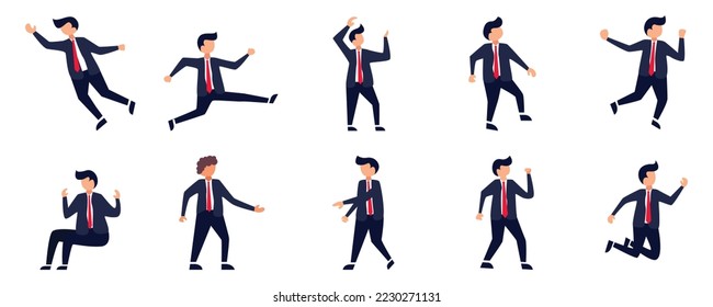 Set of Businessman or office vector characters in various poses. Cartoon young employee businessman character working