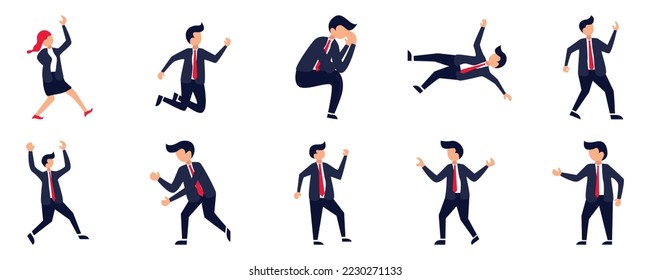 Set of Businessman or office vector characters in various poses. Cartoon young employee businessman character working