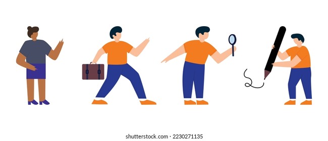 Set of Businessman or office vector characters in various poses. Cartoon young employee businessman character working