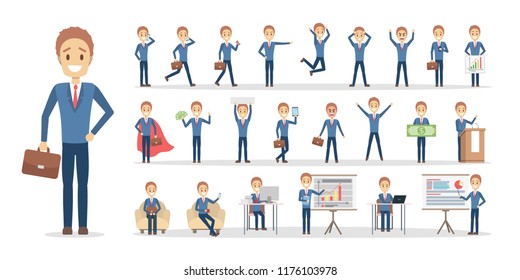 Set of businessman or office worker character in various poses, face emotions and gestures. Working man in suit. Isolated flat vector illustration