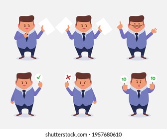 Set of Businessman or office worker wearing business suit and standing in different poses in cartoon character, isolated vector illustrations on white background.