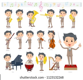 A set of businessman on classical music performances.There are actions to play various instruments such as string instruments and wind instruments.It's vector art so it's easy to edit.