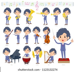 A set of businessman on classical music performances.There are actions to play various instruments such as string instruments and wind instruments.It's vector art so it's easy to edit.
