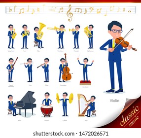 A set of businessman on classical music performances.There are actions to play various instruments such as string instruments and wind instruments.It's vector art so it's easy to edit.
