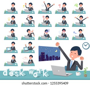 A set of businessman on desk work.There are various actions such as feelings and fatigue.It's vector art so it's easy to edit.