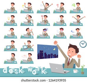 A set of businessman on desk work.There are various actions such as feelings and fatigue.It's vector art so it's easy to edit.