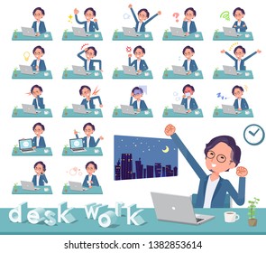 A set of businessman on desk work.There are various actions such as feelings and fatigue.It's vector art so it's easy to edit.
