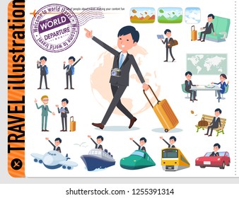 A set of businessman on travel.There are also vehicles such as boats and airplanes.It's vector art so it's easy to edit.
