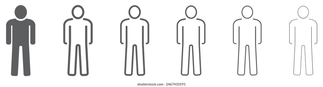 Set of businessman person icons. Human silhouette, avatar, figure. Stickman, male stand standing full body. Body men symbol, silhouette of a person, bathroom. Vector.