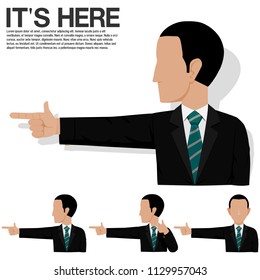 Set of businessman is pointing to something beside himself