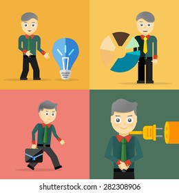 Set of businessman pose character concepts. Step, world, office and charts. Flat design