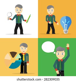 Set of businessman pose character concepts. Step, world, office and charts. Flat design