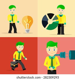 Set of businessman pose character concepts. Step, world, office and charts. Flat design