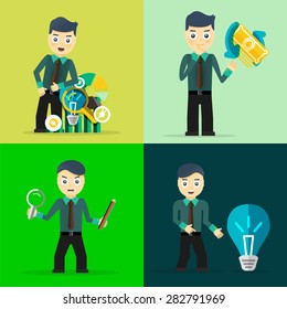 Conjunto de empresarios plantean conceptos de carácter. Paso, mundo, oficina y gráficos. Diseño plano