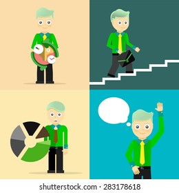 Set of businessman pose character concepts. Step, world, office and charts. Flat design