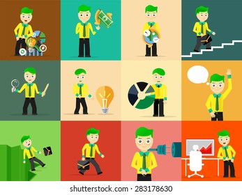 Conjunto de empresarios plantean conceptos de carácter. Paso, mundo, oficina y gráficos. Diseño plano