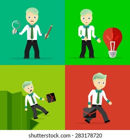 Set of businessman pose character concepts. Step, world, office and charts. Flat design