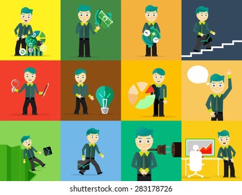 Eine Reihe von Geschäftsleuten stellen Zeichenkonzepte dar. Schritt, Welt, Büro und Diagramme. Flachdesign