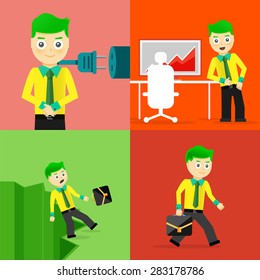 Set of businessman pose character concepts. Step, world, office and charts. Flat design