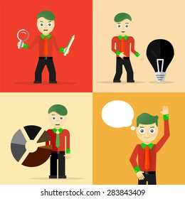 Set of businessman pose character concepts. Step, world, office and charts. Flat design