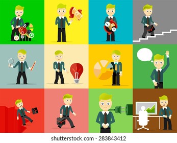 Set of businessman pose character concepts. Step, world, office and charts. Flat design