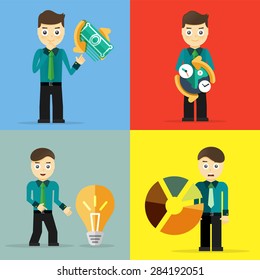 Set of businessman pose character concepts. Step, world, office and charts. Flat design
