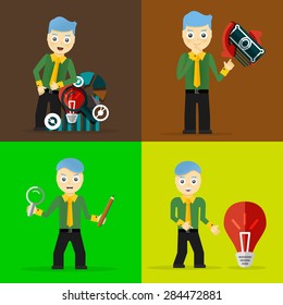 Eine Reihe von Geschäftsleuten stellen Zeichenkonzepte dar. Schritt, Welt, Büro und Diagramme. Flachdesign