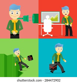 Set of businessman pose character concepts. Step, world, office and charts. Flat design