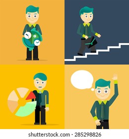 Conjunto de empresarios plantean conceptos de carácter. Paso, mundo, oficina y gráficos. Diseño plano