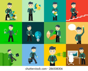 Set of businessman pose character concepts. Step, world, office and charts. Flat design