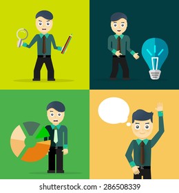 Conjunto de empresarios plantean conceptos de carácter. Paso, mundo, oficina y gráficos. Diseño plano