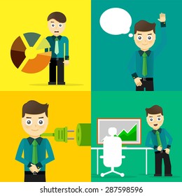 Set of businessman pose character concepts. Step, world, office and charts. Flat design