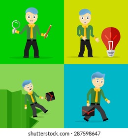 Set of businessman pose character concepts. Step, world, office and charts. Flat design