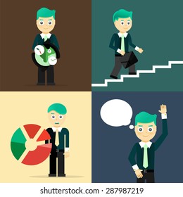 Set of businessman pose character concepts. Step, world, office and charts. Flat design