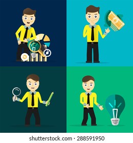 Set of businessman pose character concepts. Step, world, office and charts. Flat design