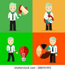 Set of businessman pose character concepts. Step, world, office and charts. Flat design