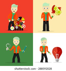 Set of businessman pose character concepts. Step, world, office and charts. Flat design