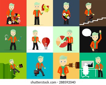 Set of businessman pose character concepts. Step, world, office and charts. Flat design