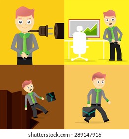 Set of businessman pose character concepts. Step, world, office and charts. Flat design