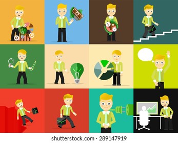 Set of businessman pose character concepts. Step, world, office and charts. Flat design
