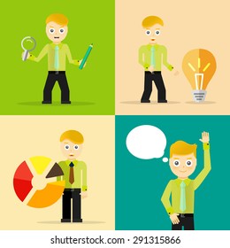 Set of businessman pose character concepts. Step, world, office and charts. Flat design