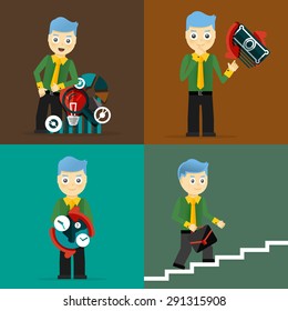 Set of businessman pose character concepts. Step, world, office and charts. Flat design