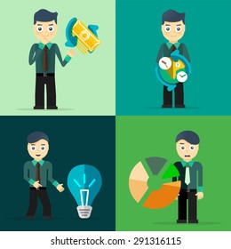Set of businessman pose character concepts. Step, world, office and charts. Flat design