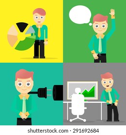 Set of businessman pose character concepts. Step, world, office and charts. Flat design