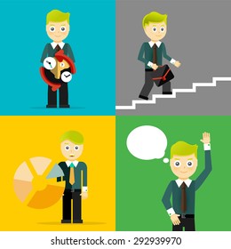 Conjunto de empresarios plantean conceptos de carácter. Paso, mundo, oficina y gráficos. Diseño plano