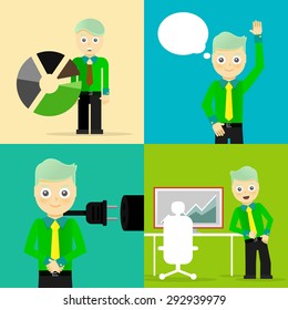 Set of businessman pose character concepts. Step, world, office and charts. Flat design