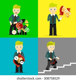Set of businessman pose character concepts. Step, world, office and charts. Flat design