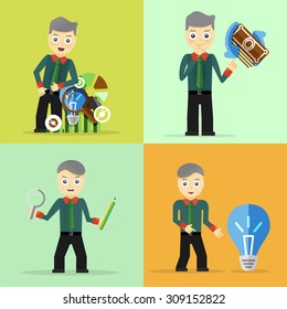 Set of businessman pose character concepts. Step, world, office and charts. Flat design